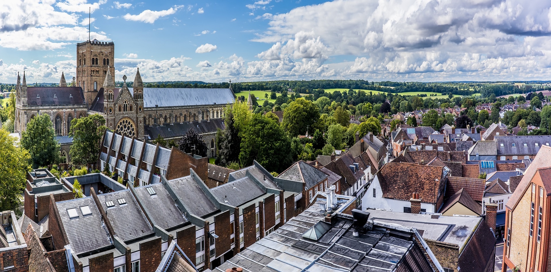 The roof tops of St Albans, UK in summertime