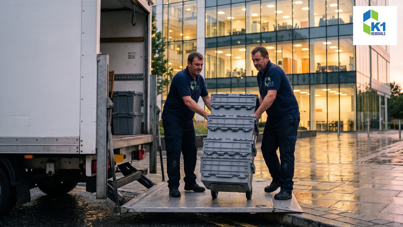 featured K1 Removals crew in navy polos wheeling crates of office equipment into a removal lorry outside a modern London office on a Friday evening