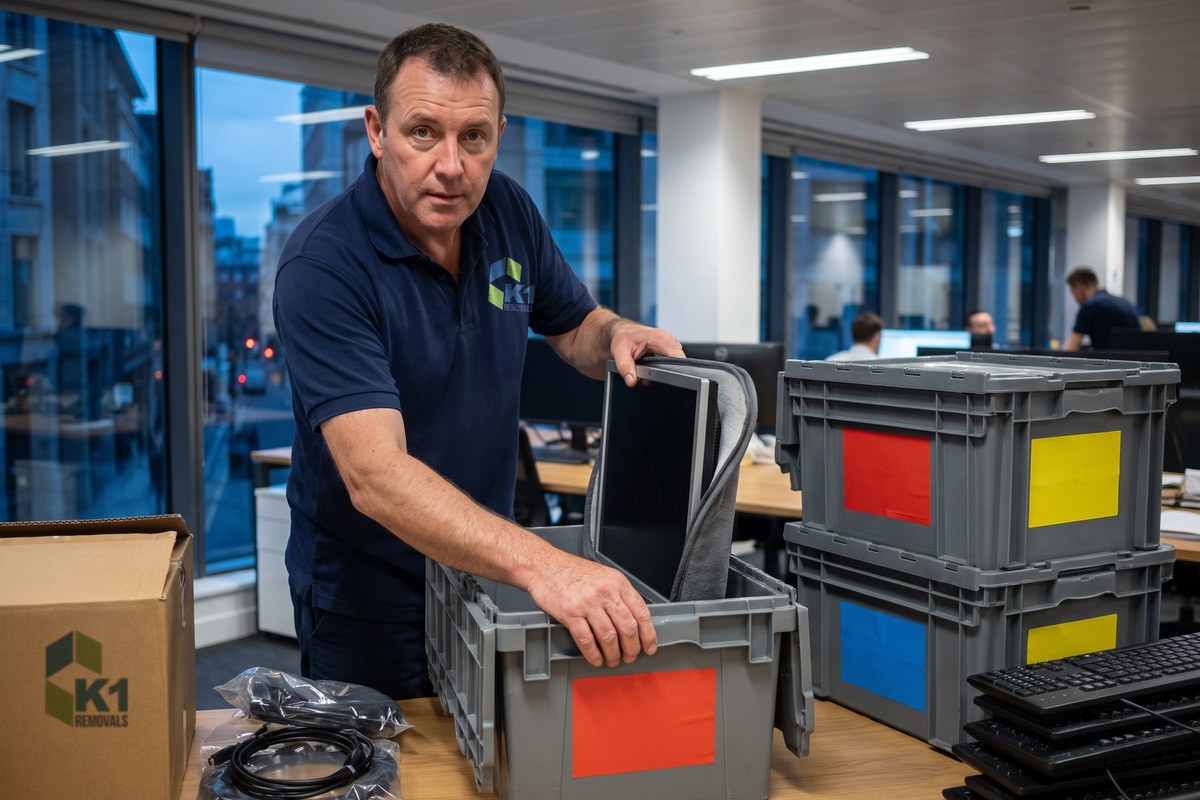 K1 Removals mover packing a padded computer monitor into a labelled crate in a London office