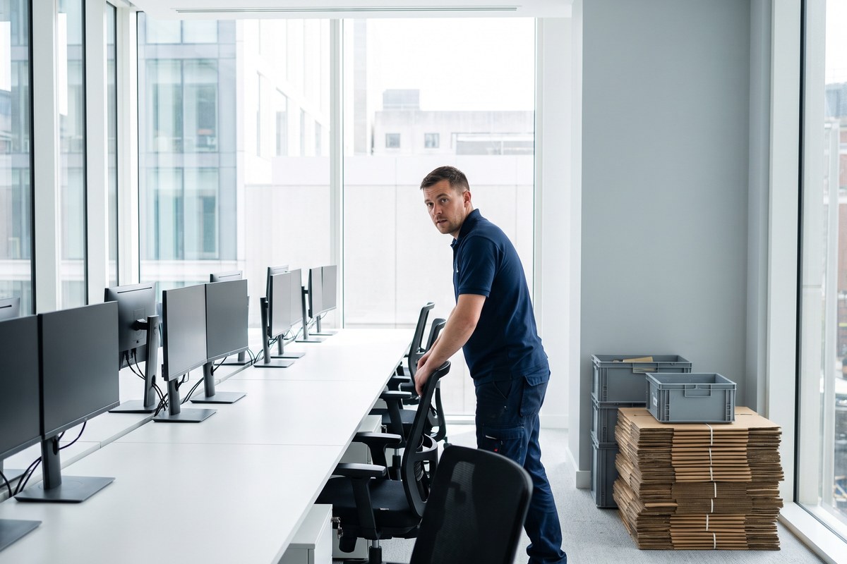 K1 Removals mover setting out office chairs at desks in a newly fitted London office on a Sunday