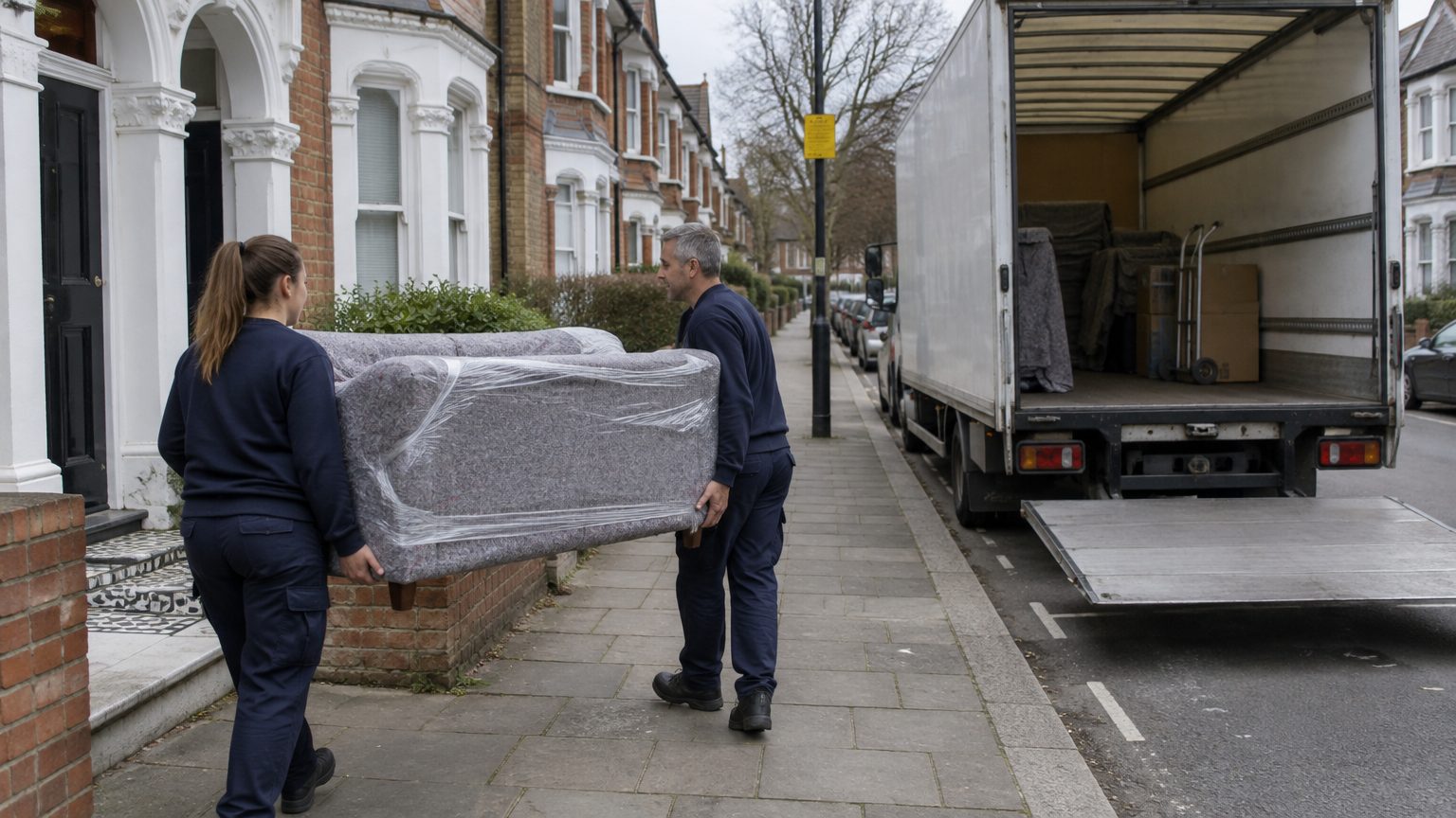Removal lorry parked in suspended parking bays on a West London street Removal crew carrying a wrapped sofa to a lorry parked in suspended residents' parking bays on a West London street