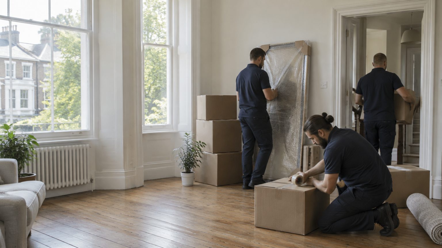 K1 Removals crew packing a London flat K1 Removals crew packing boxes and wrapping a mirror in a London flat