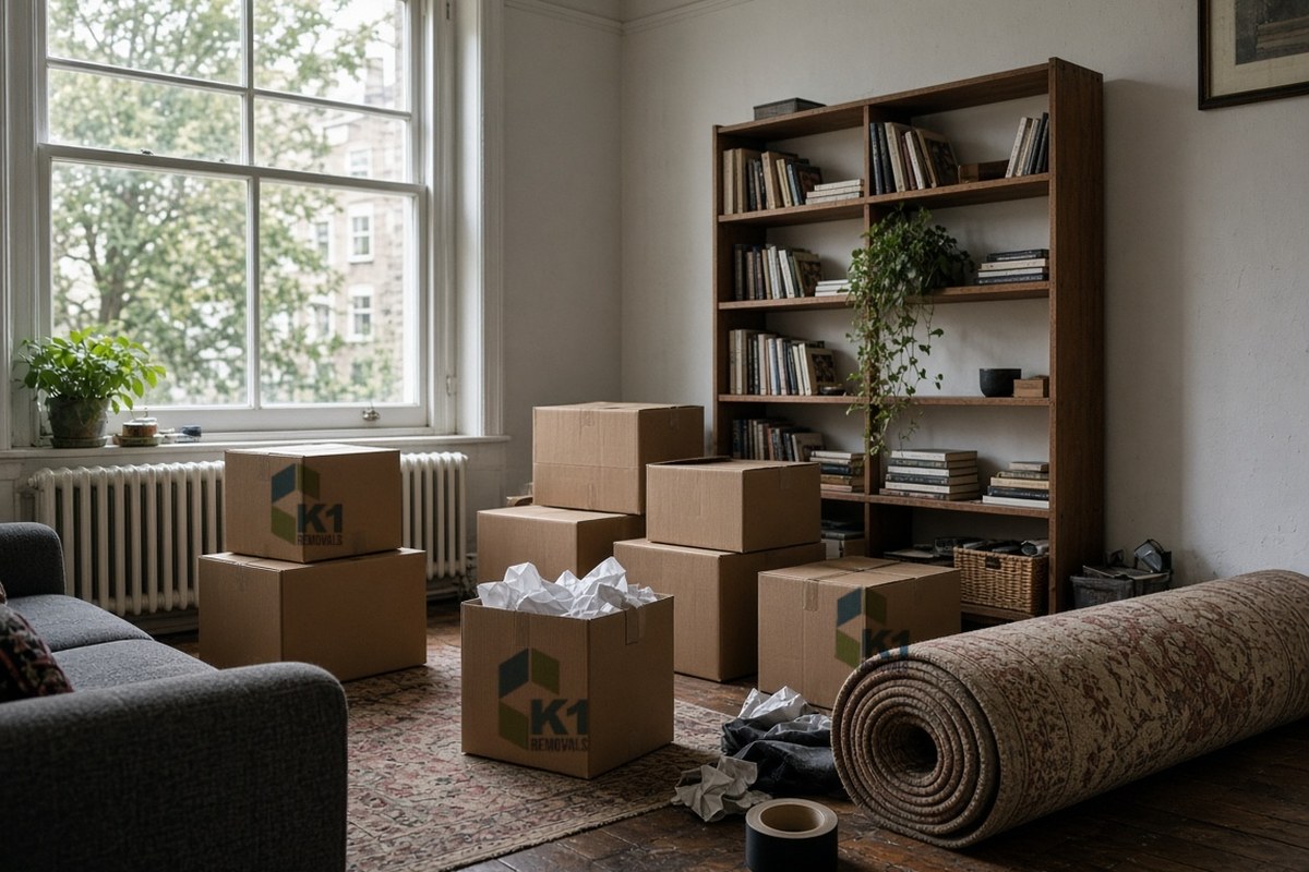 London living room full of packed boxes and a rolled-up rug ready for moving day