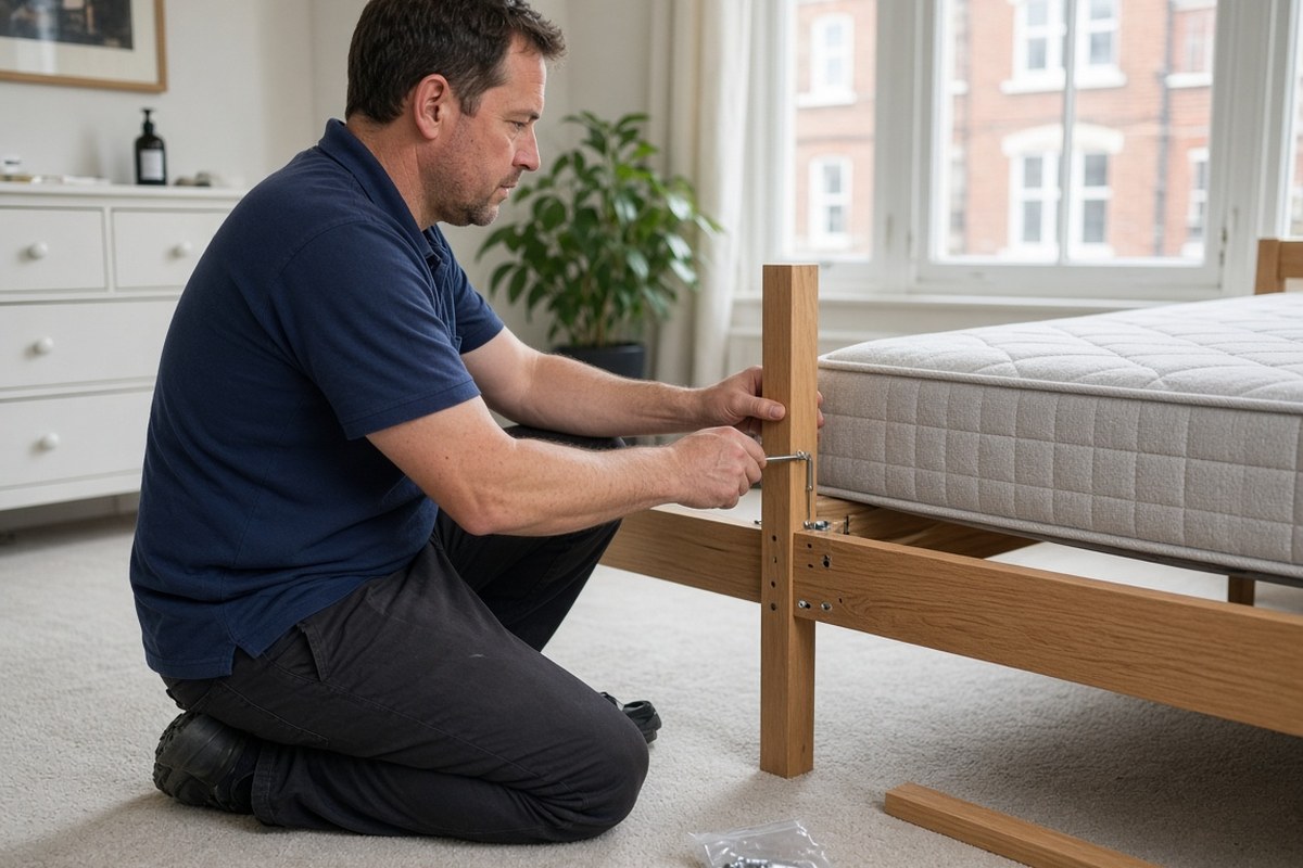 Removal man dismantling a wooden bed frame with an Allen key