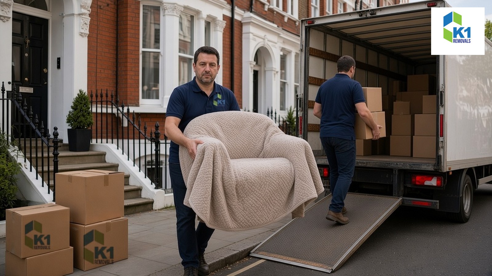K1 Removals crew loading a blanket-wrapped armchair and K1-branded boxes into a removal lorry outside a London terraced house