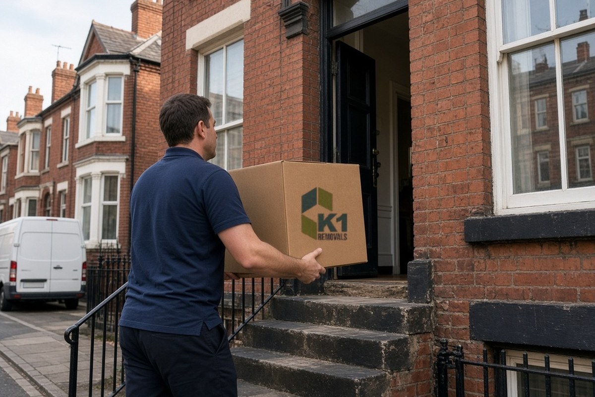 K1 Removals mover carrying a K1-branded box up the steps of a red-brick terraced house in Manchester