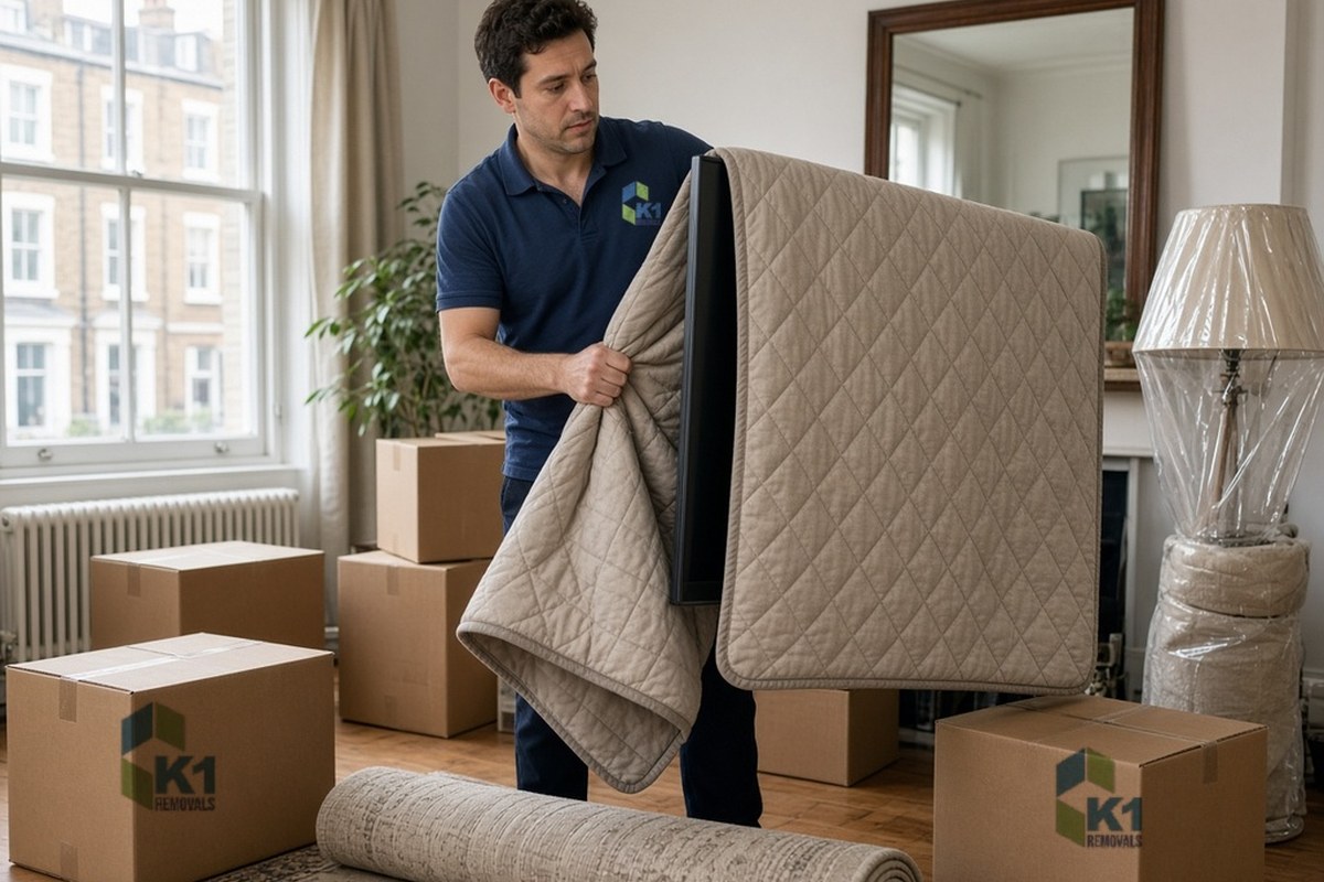 K1 Removals packer wrapping a flat-screen TV in a quilted removal blanket in a London living room, surrounded by K1-branded boxes