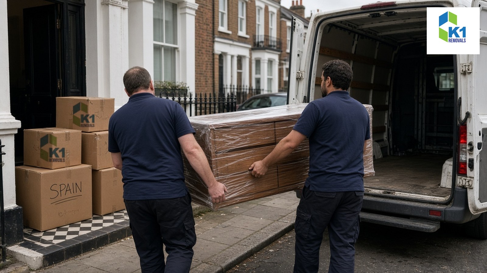 Removal team carrying a wrapped sideboard to a van outside a London terraced house, with boxes marked for Spain