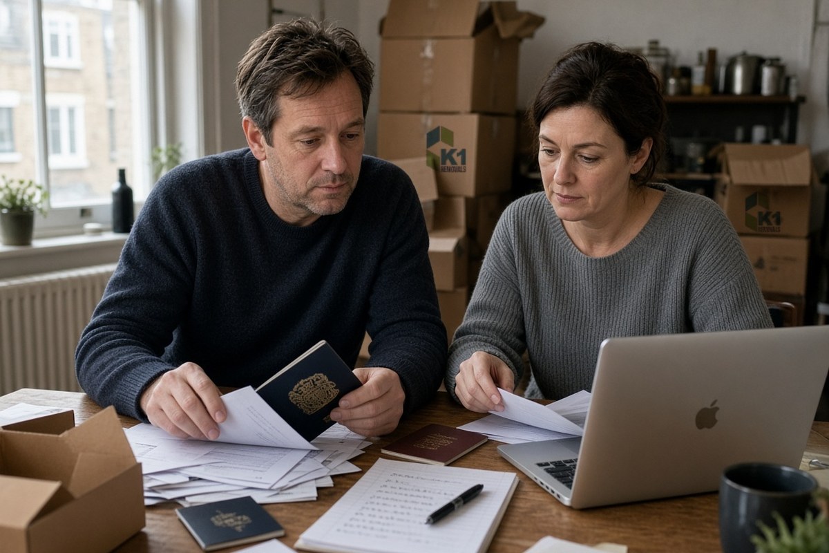Couple checking passports and paperwork at a kitchen table before moving from London to Spain