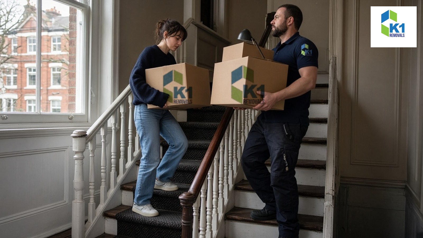 moving-out-of-rented-flat-london-featured Tenant and K1 Removals mover carrying K1-branded boxes and a lamp down the stairs of a London conversion flat