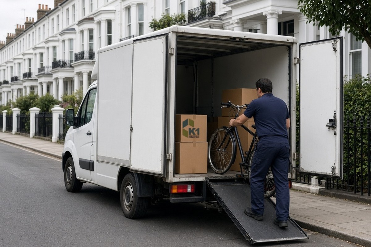 Removal man loading a bicycle and K1-branded boxes into a small van on a London street of white stucco houses