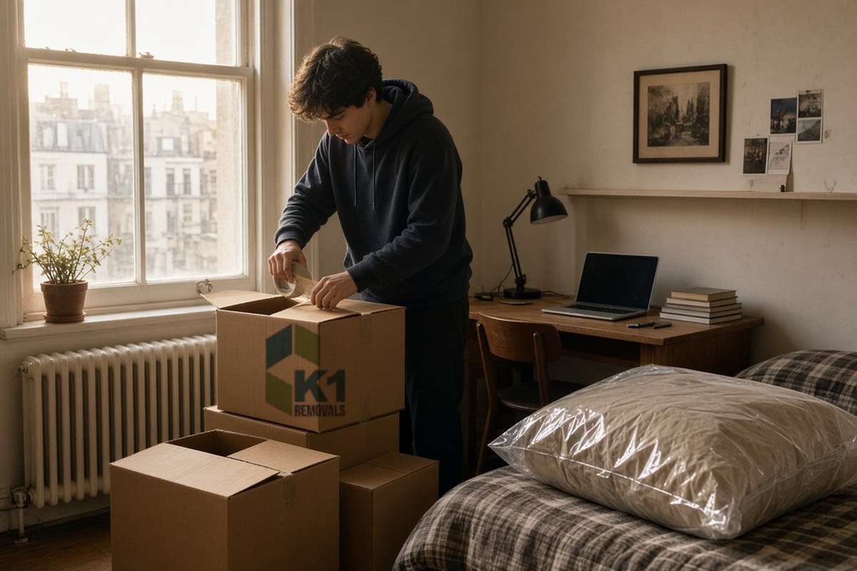 Student taping up a K1-branded box in a half-packed London bedroom