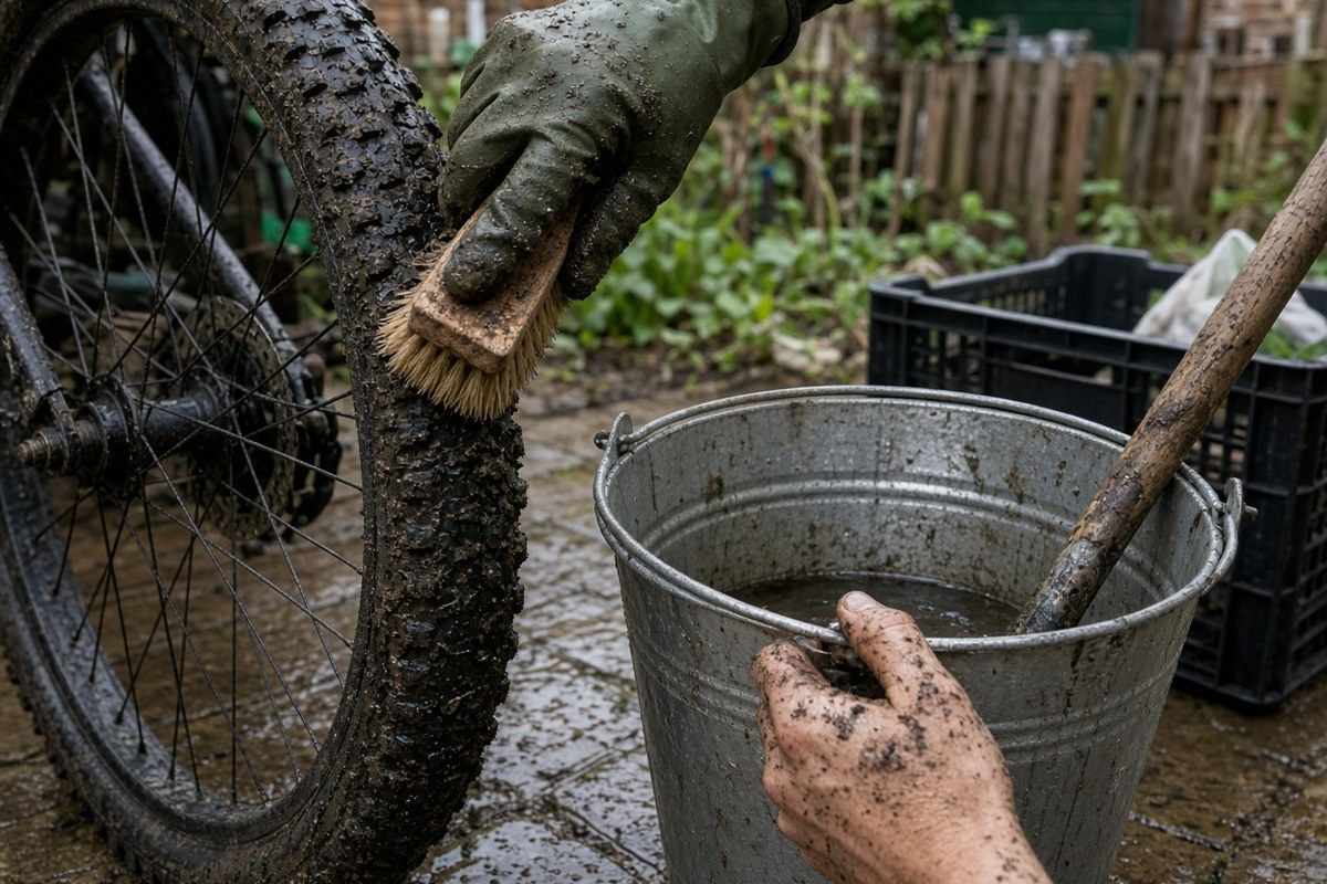 Cleaning mud off a bicycle tyre and garden tools to meet Australian biosecurity rules
