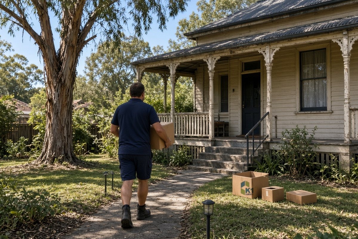 Removal man carrying a box up the path to an Australian house with a veranda