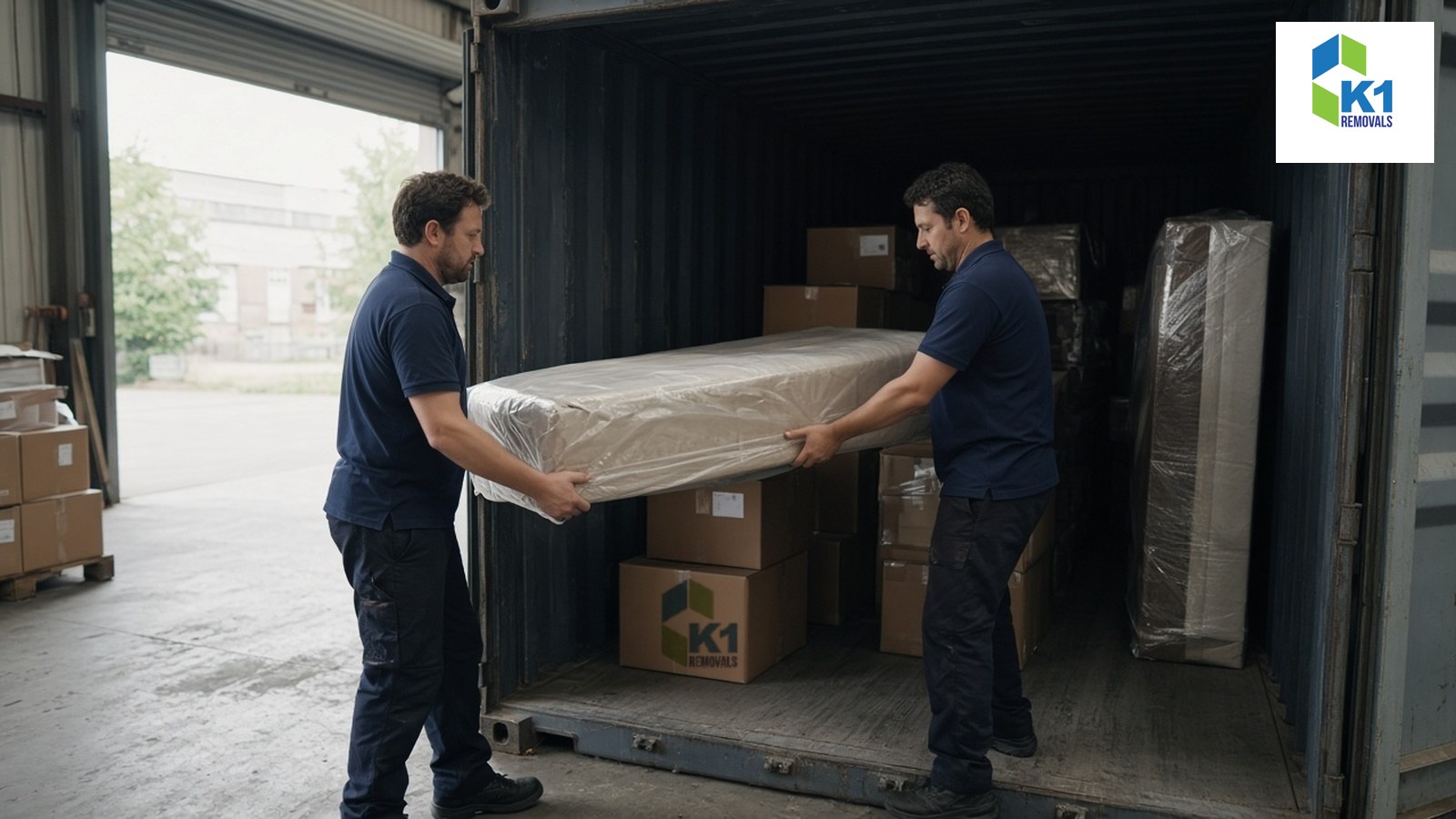 moving-to-dubai-from-the-uk-featured-k1 Two removal workers loading wrapped furniture into a shipping container for a move to Dubai