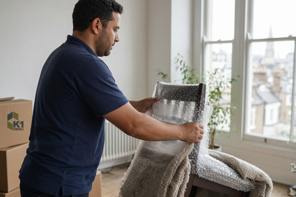 Removal man wrapping a dining chair in bubble wrap and blankets for overseas shipping