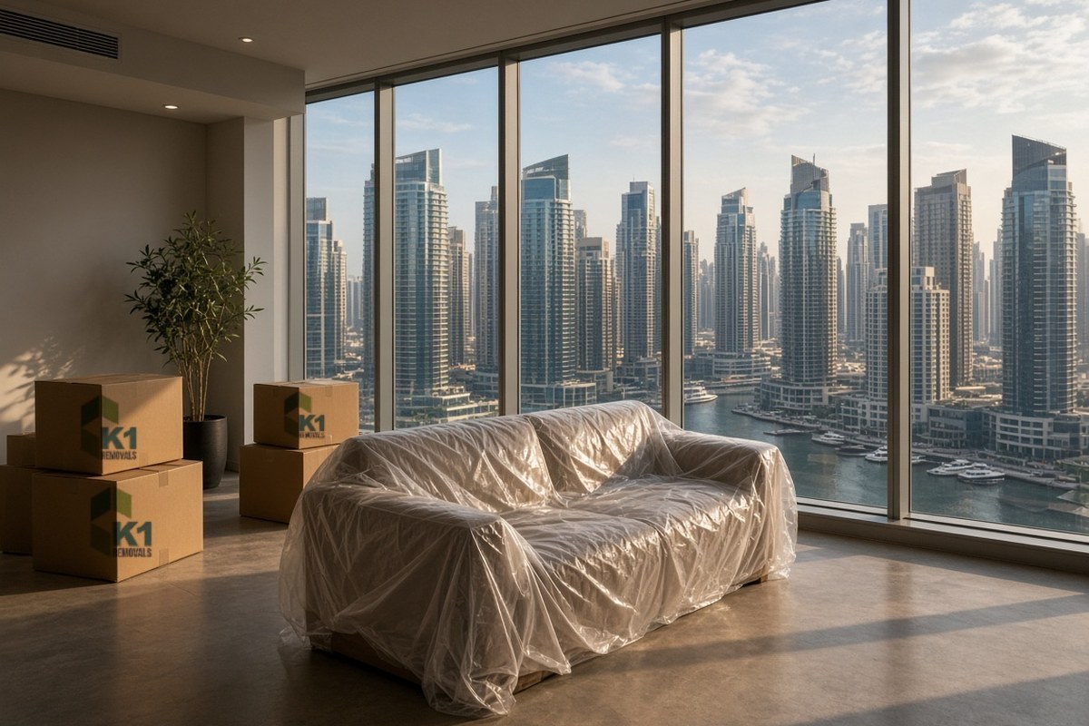 Newly delivered boxes and a wrapped sofa in a Dubai Marina apartment