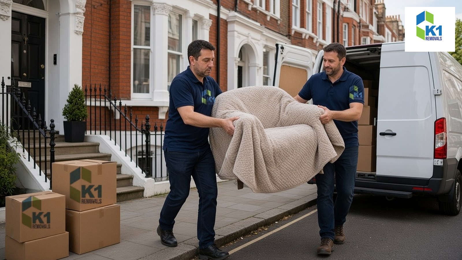 moving-to-france-from-london-featured K1 Removals crew carrying a blanket-wrapped armchair from a London terraced house to a removal van, with K1-branded boxes on the pavement