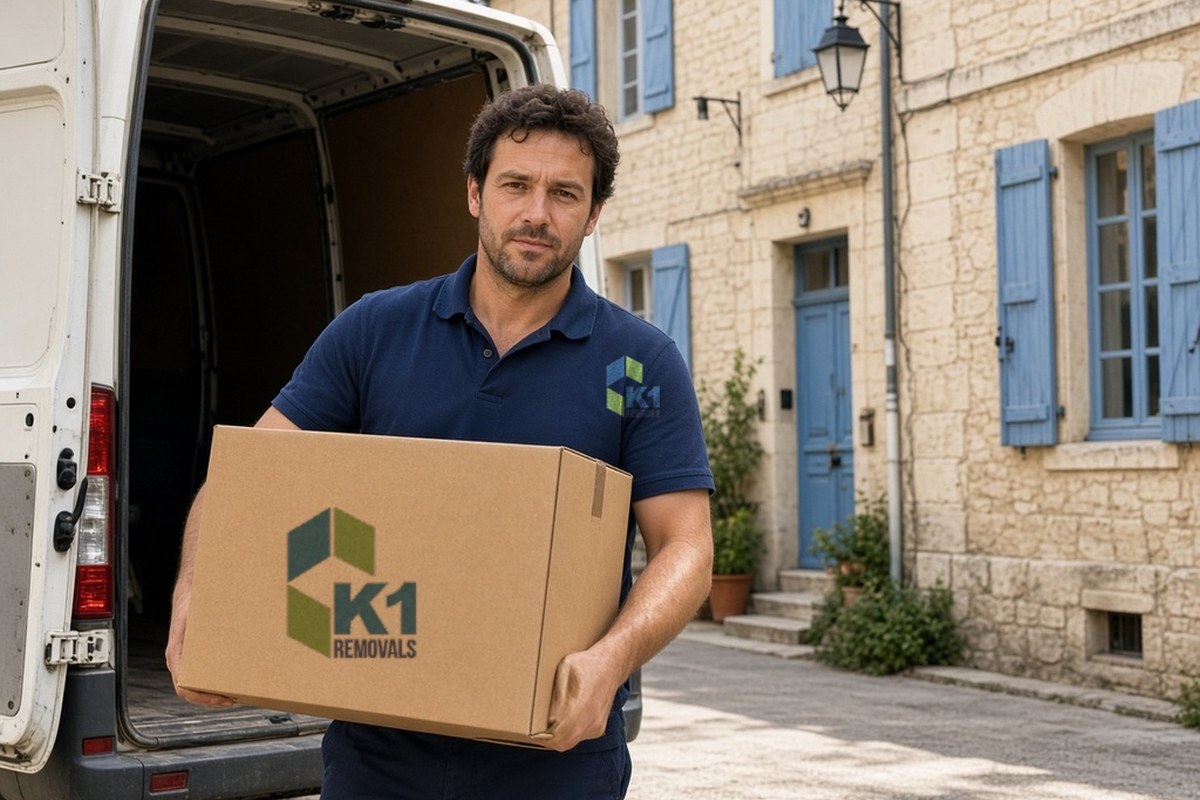 K1 Removals mover carrying a K1-branded box from a van to a stone house with blue shutters in a French village