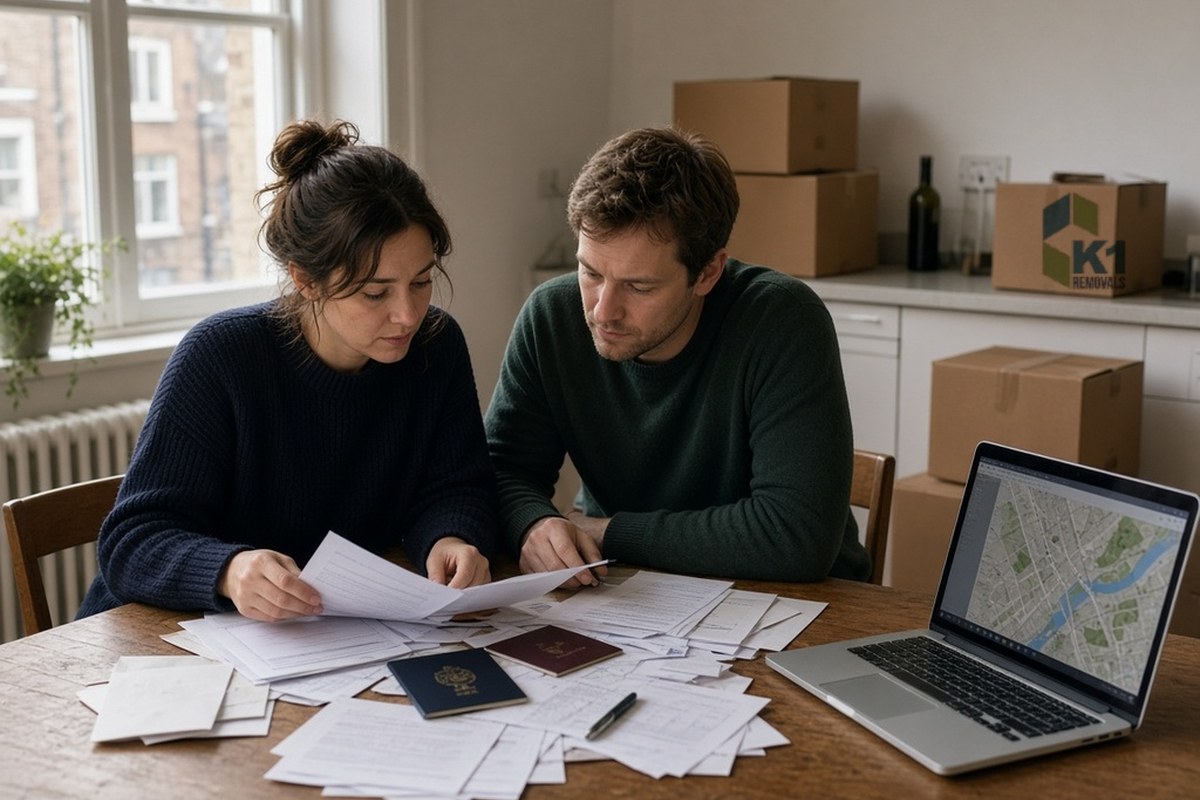 Couple sorting passports and customs paperwork at a kitchen table in a London flat, with packed boxes behind