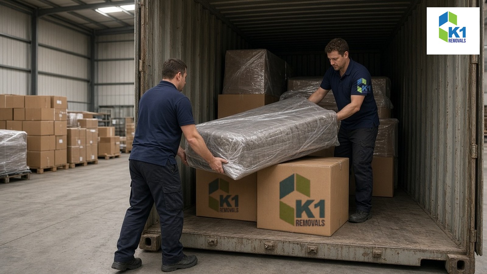 moving-to-the-usa-from-the-uk-featured K1 Removals team loading wrapped furniture and K1-branded boxes into a shipping container in a warehouse