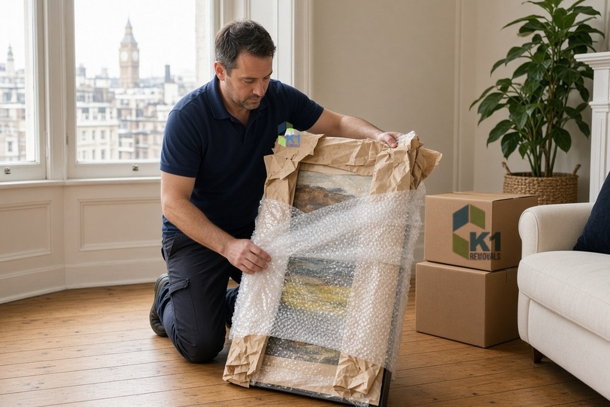 K1 Removals packer wrapping a framed painting in paper and bubble wrap in a London living room