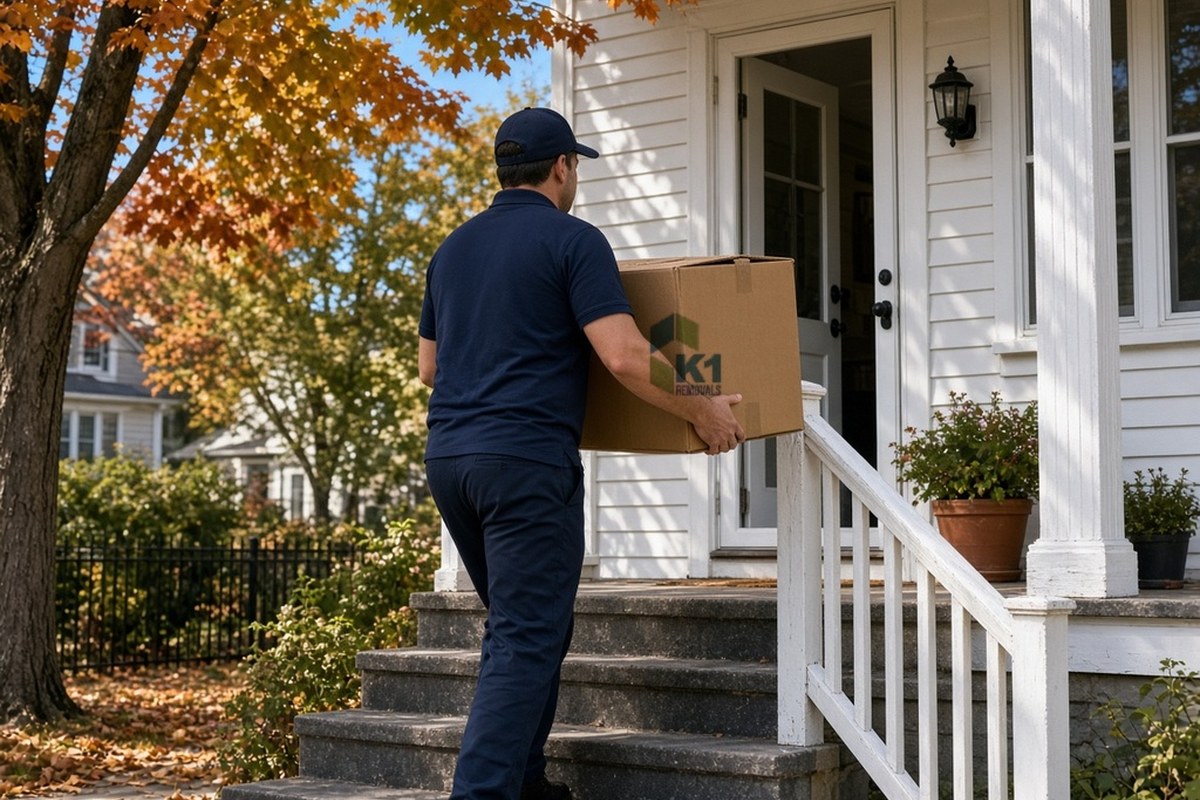 Mover carrying a K1-branded box up the porch steps of a white clapboard house in the USA in autumn