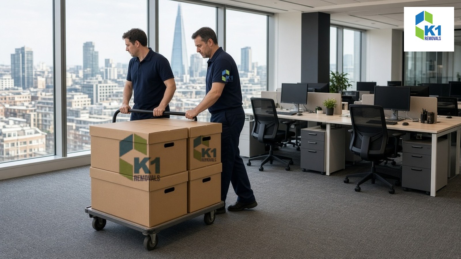 office-move-building-rules-london-featured K1 Removals crew wheeling K1-branded crates on a dolly through an open-plan London office with the Shard in view
