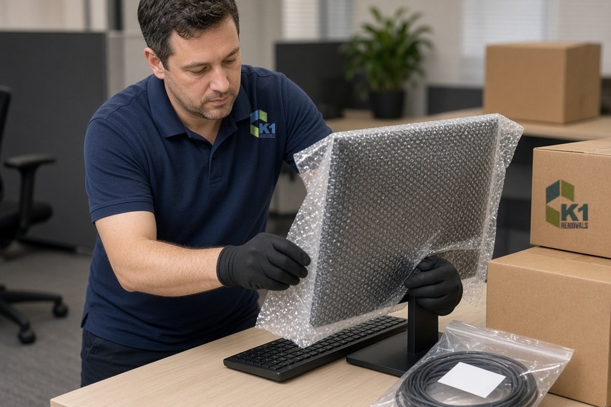 K1 Removals mover wrapping a computer monitor in bubble wrap with cables bagged beside it