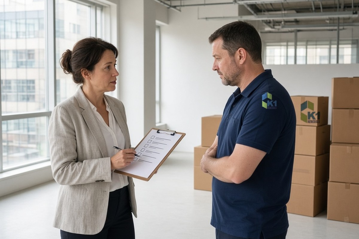 Office manager with a checklist talking to a K1 Removals crew member in an empty office with stacked boxes