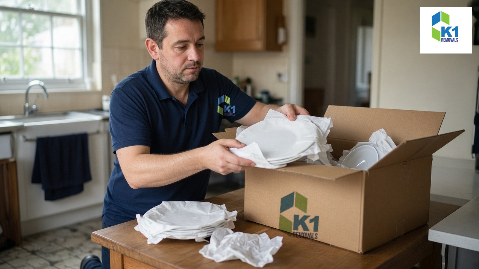 packing-tips-for-moving-house-featured-k1 K1 Removals packer wrapping plates in packing paper and placing them in a box