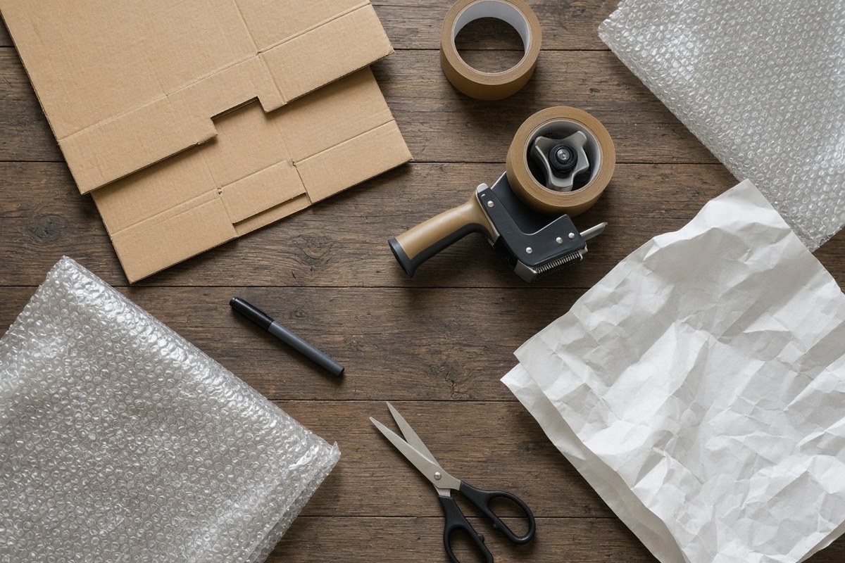 Packing supplies including boxes, tape gun, bubble wrap, paper, marker and scissors