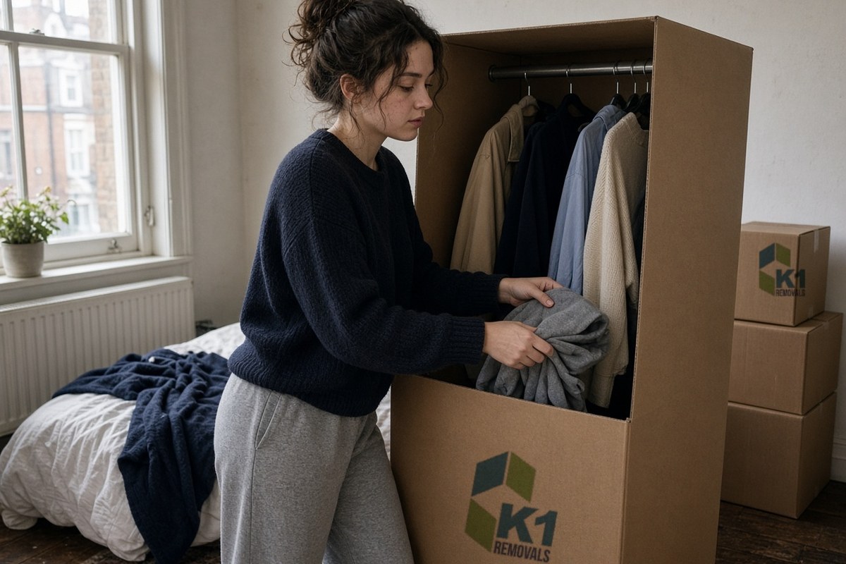 Woman packing clothes into a wardrobe box with a hanging rail