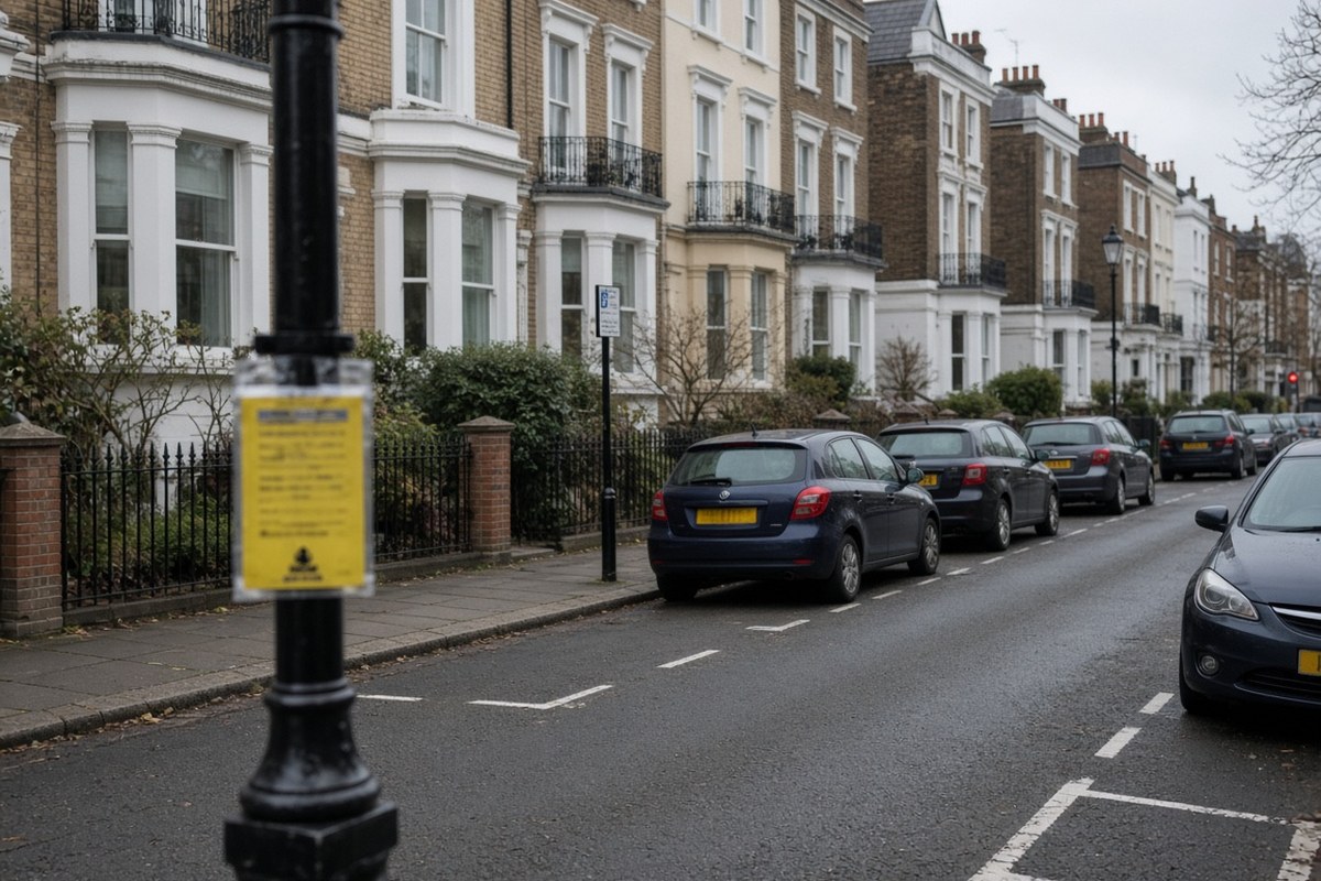 Permit parking bays and a suspension notice on a lamp post in a London street