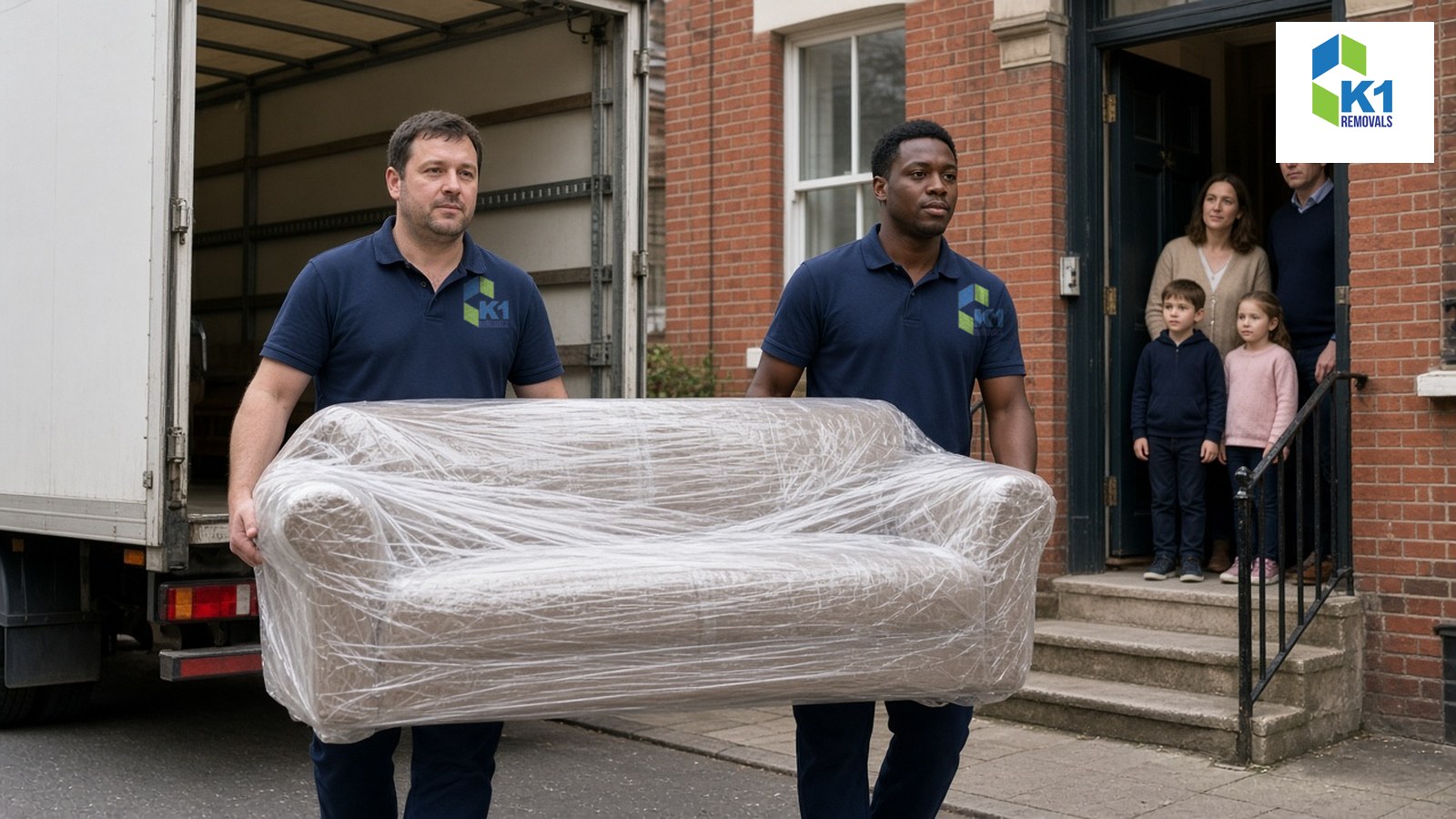 Two K1 Removals movers carrying a wrapped sofa from a London house to a removals lorry as the family watches
