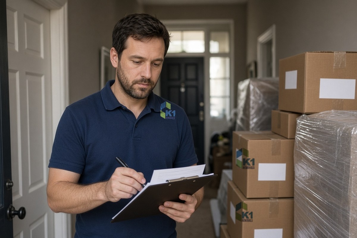 K1 Removals team member writing an inventory beside labelled boxes and wrapped furniture