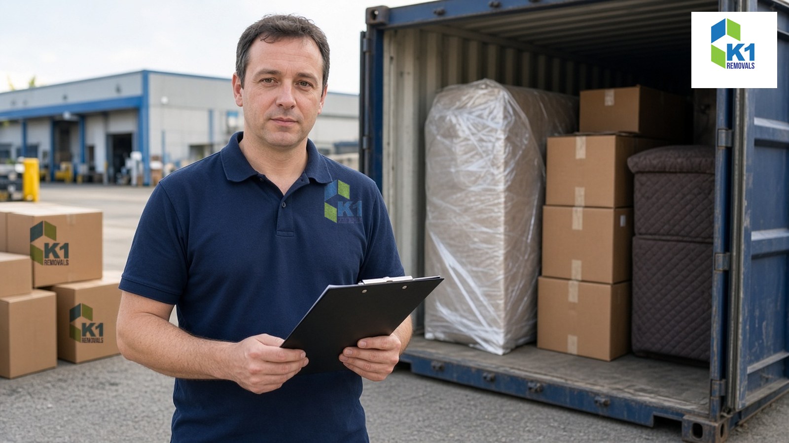 K1 Removals team member with a clipboard beside a shipping container loaded with wrapped furniture for an overseas move