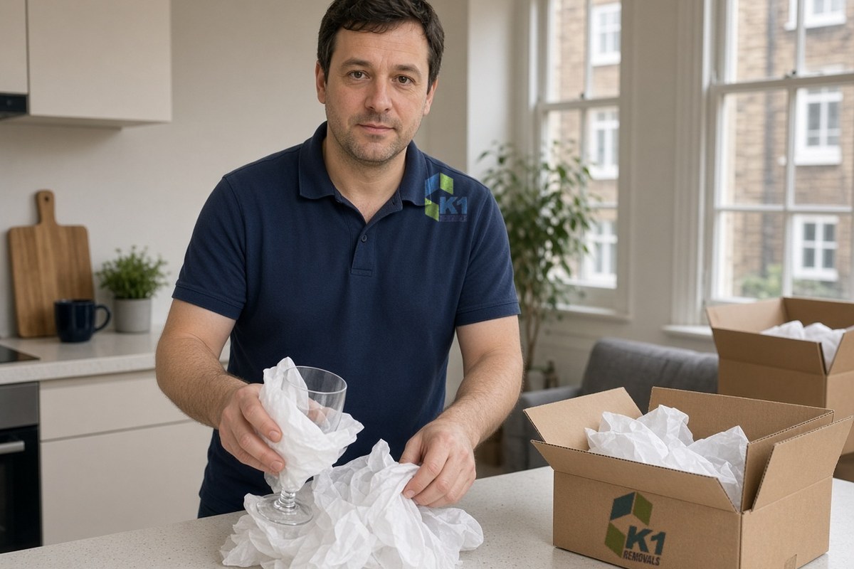K1 Removals packer wrapping glassware in packing paper for an international move to Dubai