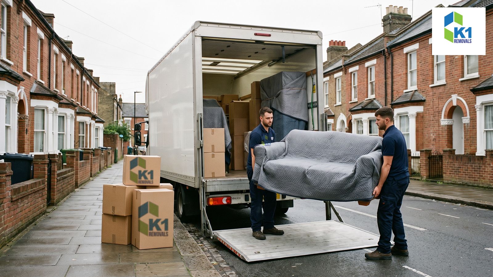 removals-london-to-spain-guide-featured K1 Removals crew in navy polos loading a wrapped sofa onto a removal lorry outside a London terrace for a move to Spain