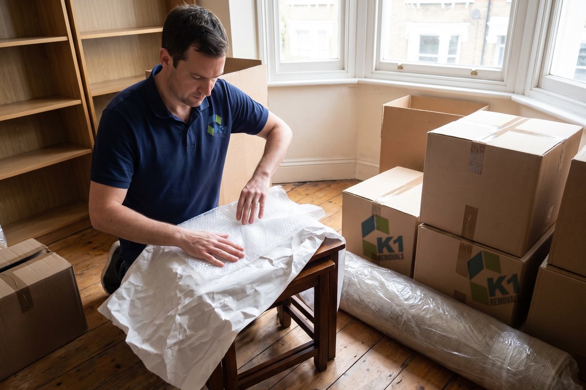 K1 Removals packer wrapping a wooden side table beside K1-branded boxes in a London living room before a move to Spain