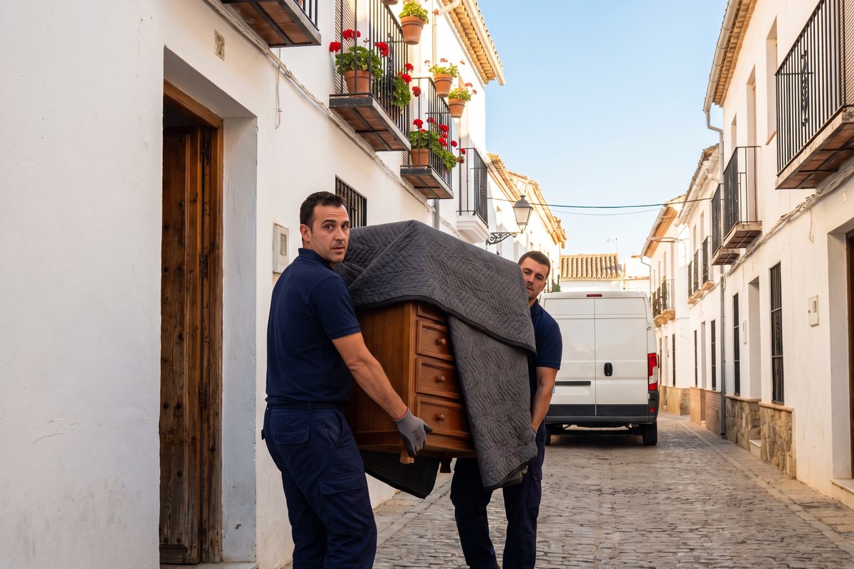 K1 Removals crew carrying a wrapped chest of drawers into a white-walled apartment building on a narrow Spanish old-town street