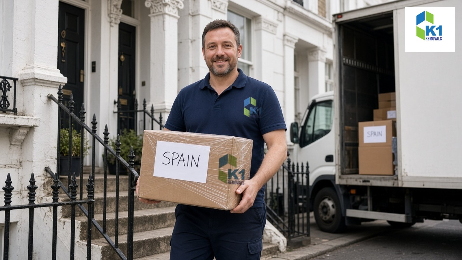 K1 Removals mover in a branded navy polo carrying a box labelled Spain from a London terraced house to a removals lorry
