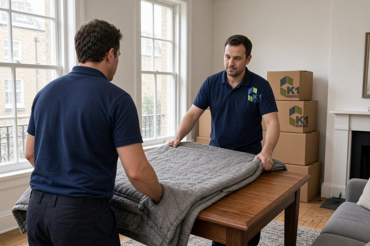 Two K1 Removals team members wrapping a dining table in protective blankets before a move to Spain