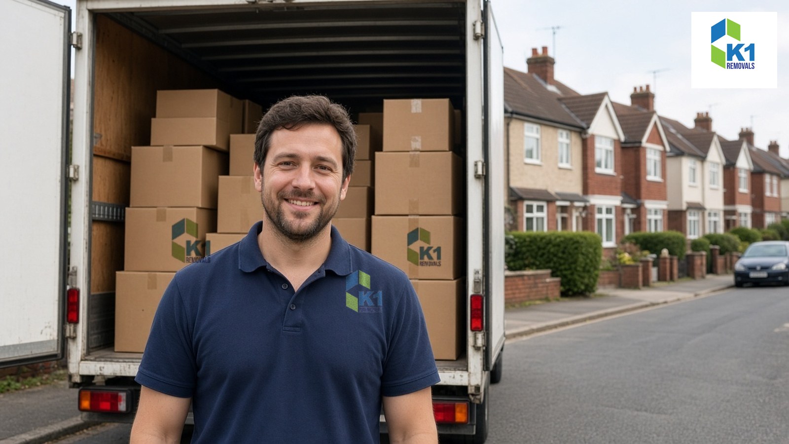 K1 Removals mover standing at the back of a loaded removals lorry on a British residential street